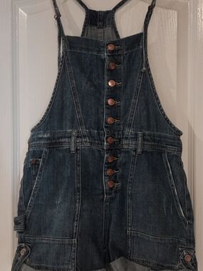 Umgee Denim Button-Front Short Overalls - Dark Blue Small